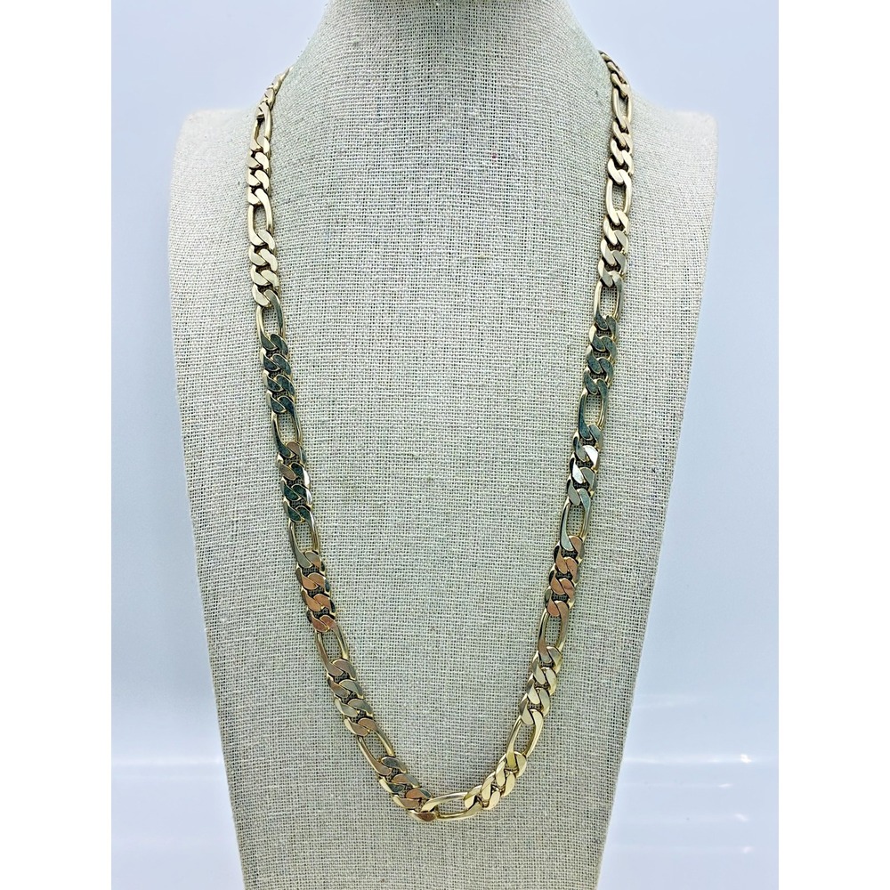Gold Tone Figaro Chain Necklace Flat Chain Chunky Heavy Statement